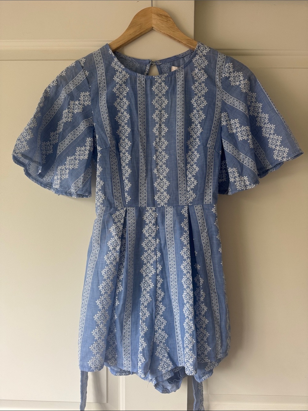 Blue Embroidered Short-Sleeve Jumpsuit Romper